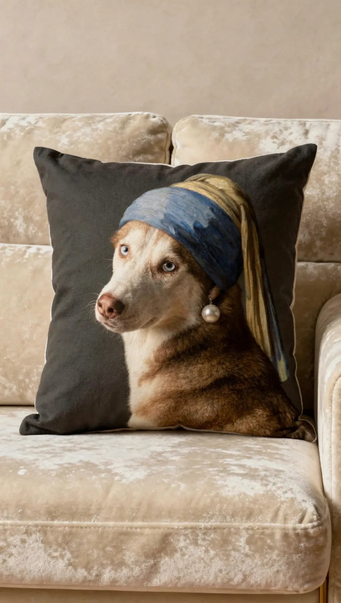 A framed dog portrait in a luxury home entryway