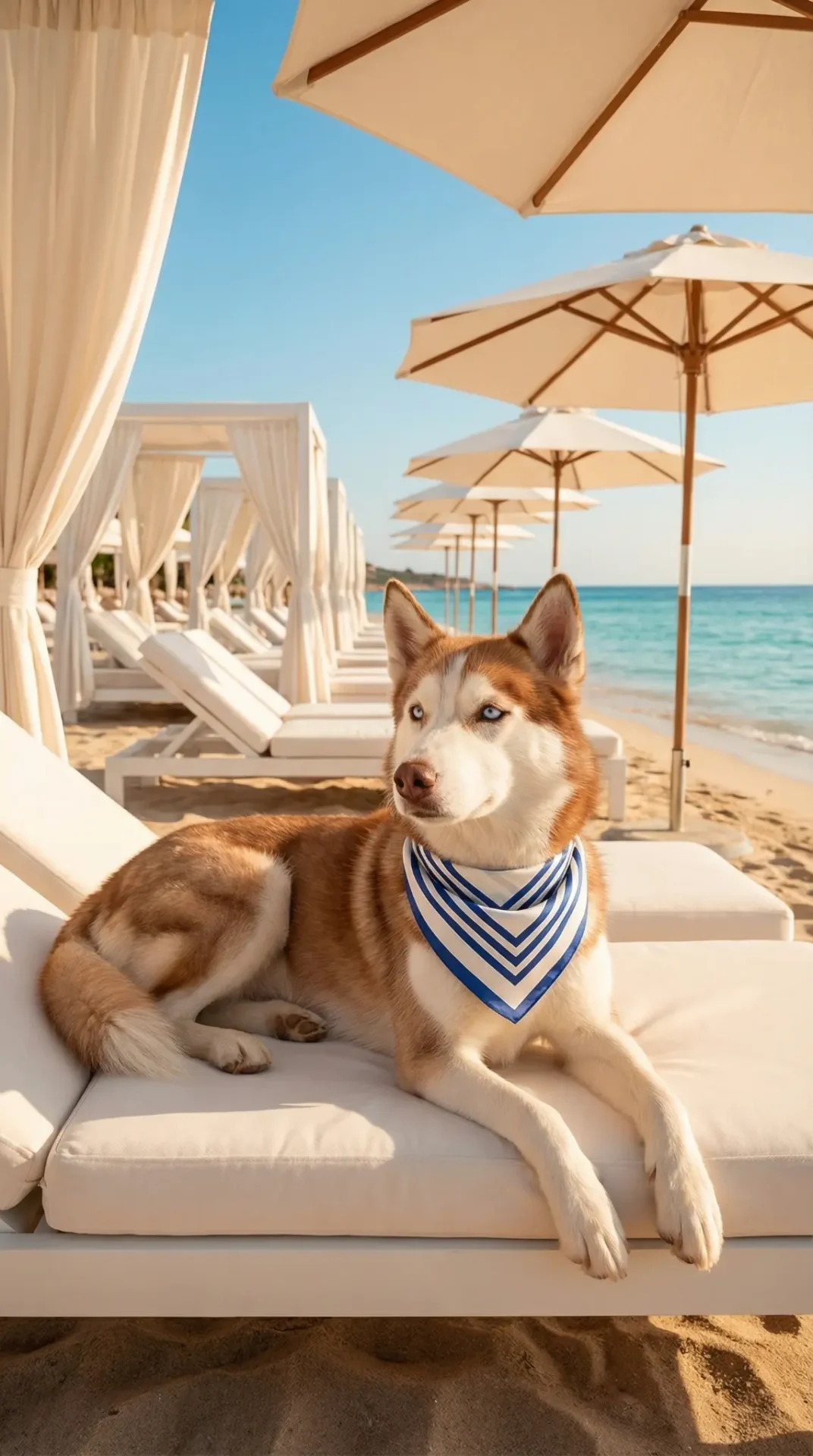 A relaxed husky lounging on a luxury beach chair