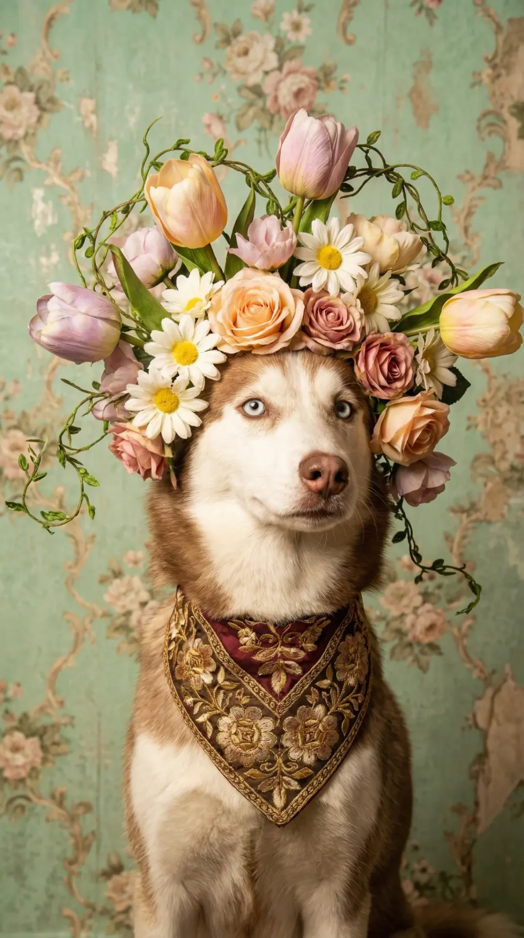 A husky wearing a beautiful floral crown, representing the love and care at Happy Puppies